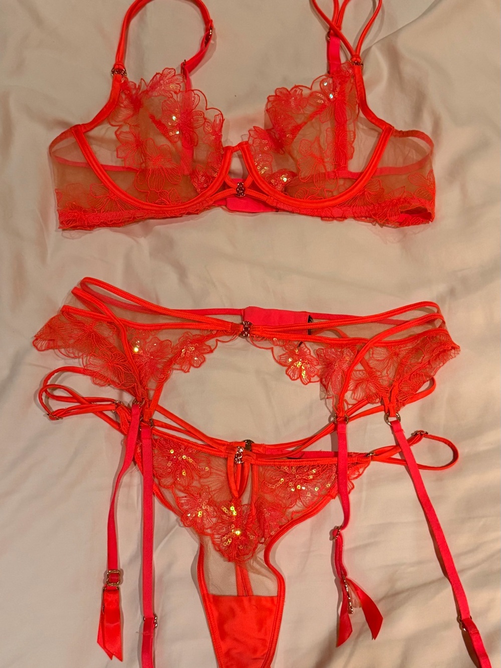 Honey Birdette Neon Coral Floral Lace Lingerie Set with sequins